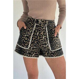 Lace Trim Leopard Denim Shorts